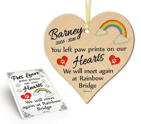 Personalised Dog Or Cat Rainbow Bridge Pet Paw Prints Heart Small Wooden Plaque Sign & Fridge Magnet Gift Set Secret Santa Bundle