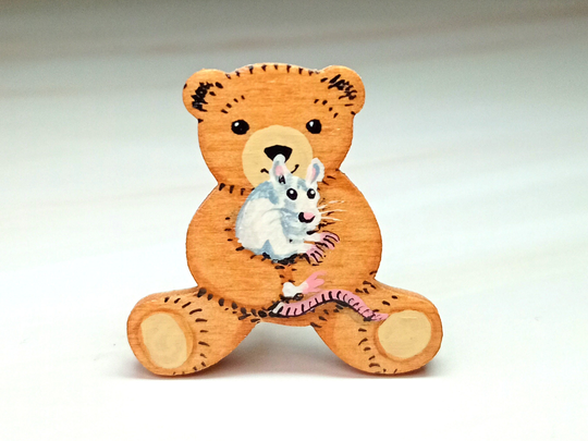 Rat Pin Badge, Handmade Gift, Lover Magnet, Hand Painted Teddy Bear With Rat, Pet Memorial, Cute Little Brooch