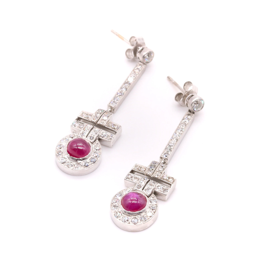 Art Deco 1920S Platinum 3.52Tgw Cabochon Ruby & Diamond Drop Earrings