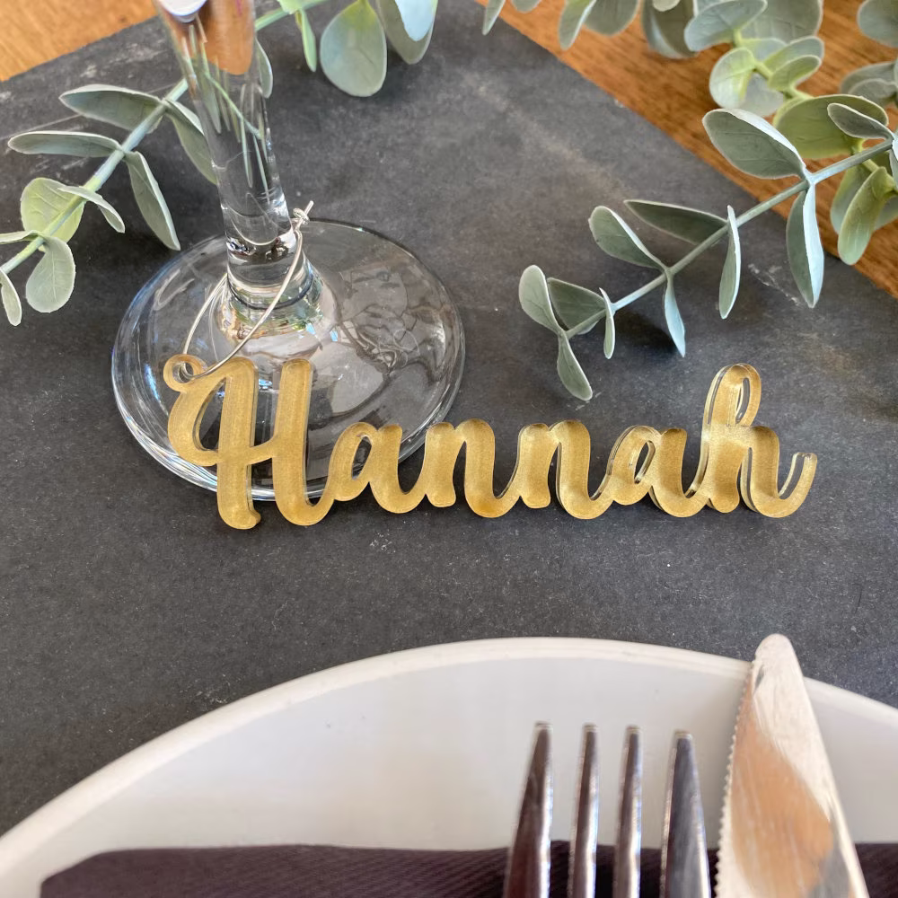 Coloured Acrylic Wine Glass Charms, Party Place Names, Wedding Cards, Hen Favours, Laser Cut Personalised Name