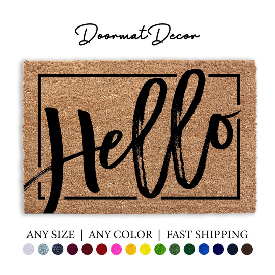 Hello Border Doormat, Flocked Coir Door Mat, Hi Rug, Outdoor Welcome Personalized Custom Housewarming Client Gift