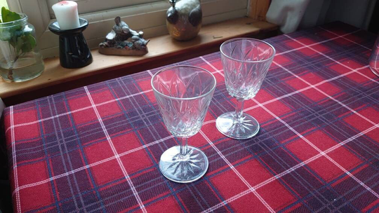 A Pair Of Lead Crystal Sherry Glasses Circa 15cm Tall