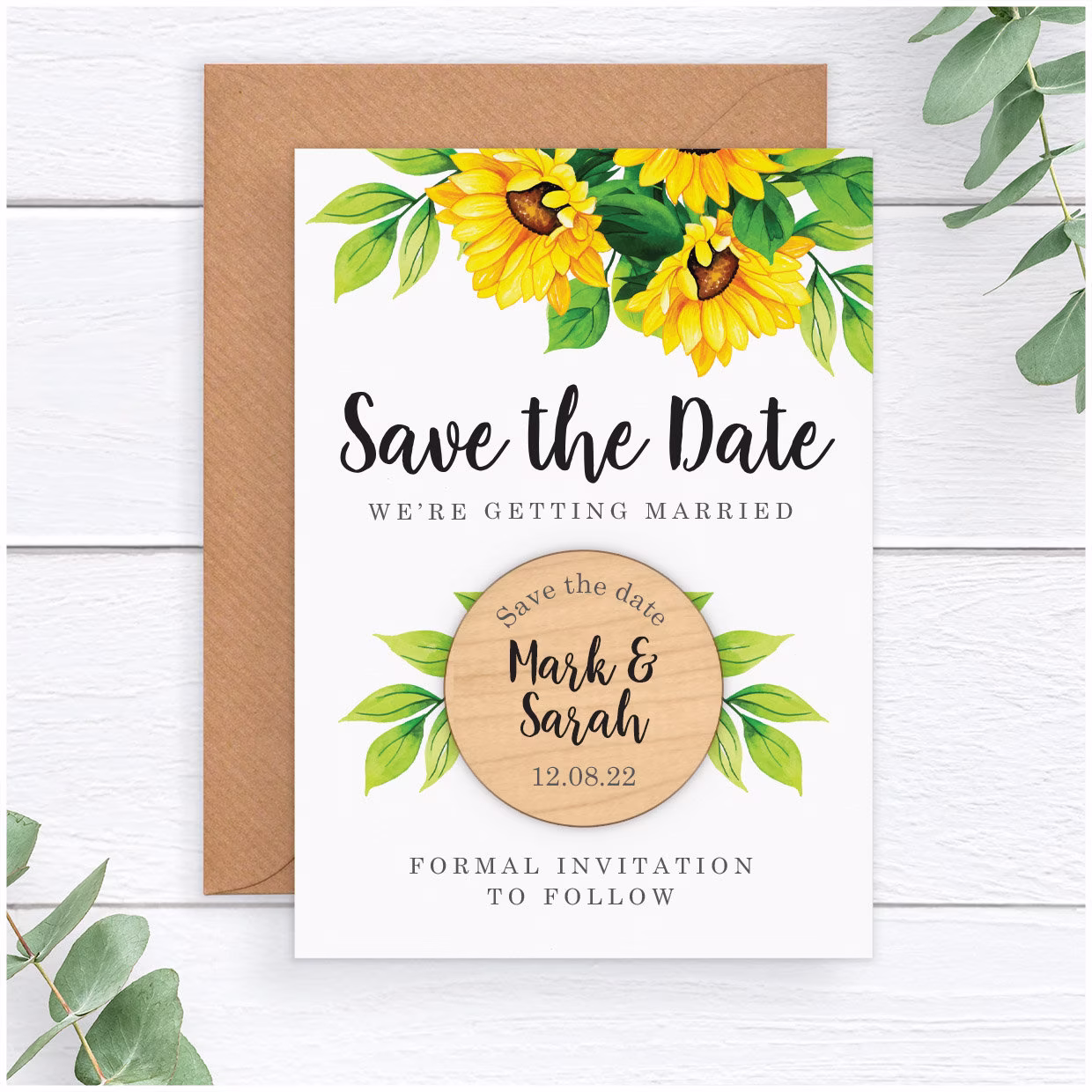 Sunflower Wedding Save The Date Cards Magnets - Personalised Rustic Wooden Fridge Magnet Yellow Dates