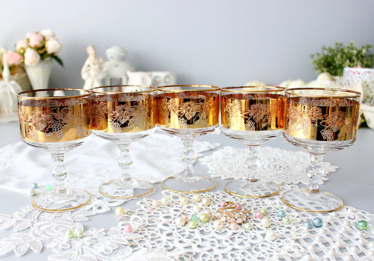 Vintage Crystal Wine Glasses, Set Of 5, Gold & Clear Made in Italy, Fine Crystal, Dining, Ball Stems, Retro Barware