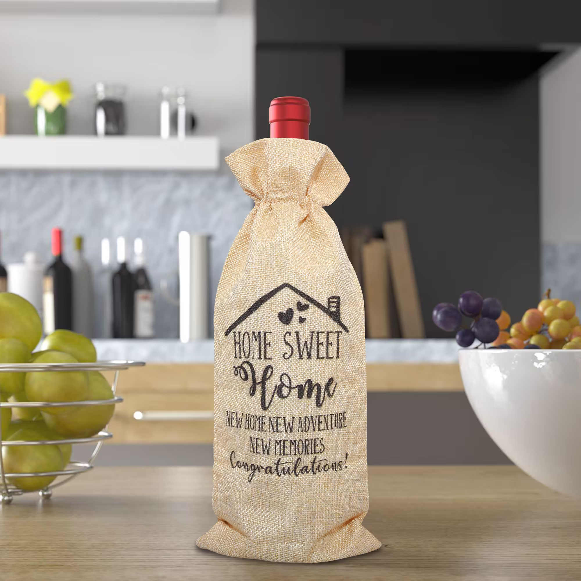 Home Sweet Burlap Wine Bag, Hostess Gift, Congrats New Home, Homeowner Tote Present, Housewarming