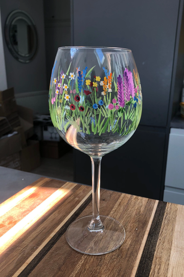 Wine Glass Hand Painted - Wild Flower Meadow. Can Be Personalised. Wedding, Birthday, Anniversary, Engagement Christmas Gift