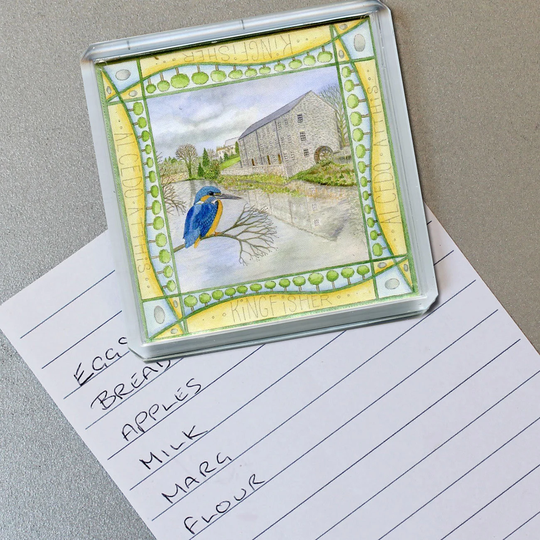 Kingfisher Magnet, Large Square 58mm Acrylic Fridge Magnet At Mill On The Fleet, Gatehouse Of Dumfries & Galloway, Scotland, Scottish