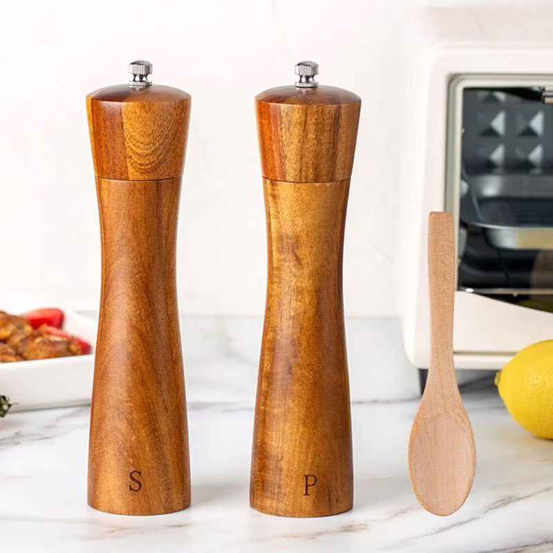 3Pcs Set Eco-Friendly Wooden Pepper Grinder, Mill With Spoon-Salt & Shakers, Grinder Hand Crafted, Gift For Barbecue Lovers