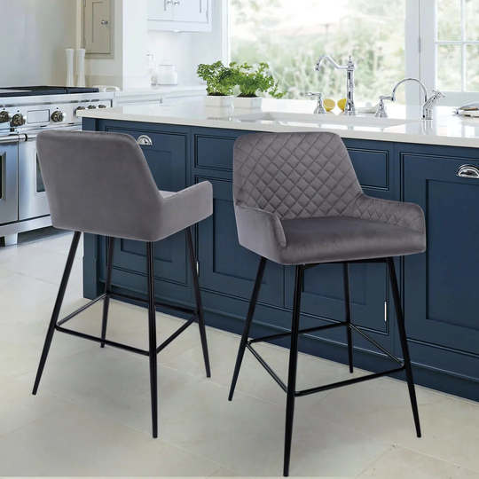 Bar Stool Set Of 2 Velvet Backrest & Armrest(Retro Grey)