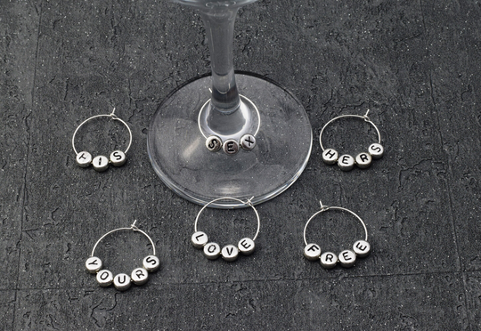 Wine Glass Charms, Wine Rings, Word Ring, Set Of 6 Gin Charms