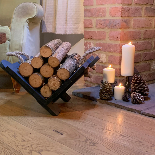 Wooden Log Basket Handmade in The UK From Rustic Wood With Rope Handles & Painted A Lovely Dark Blue. Storage For