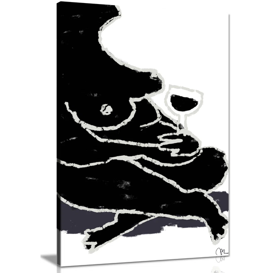 Panther Print Fine Art Prints Black & White Nude Woman With Wine Glass Abstract Illustration Artistic Framed Canvas Print, Pictures For Bedroom, Livin