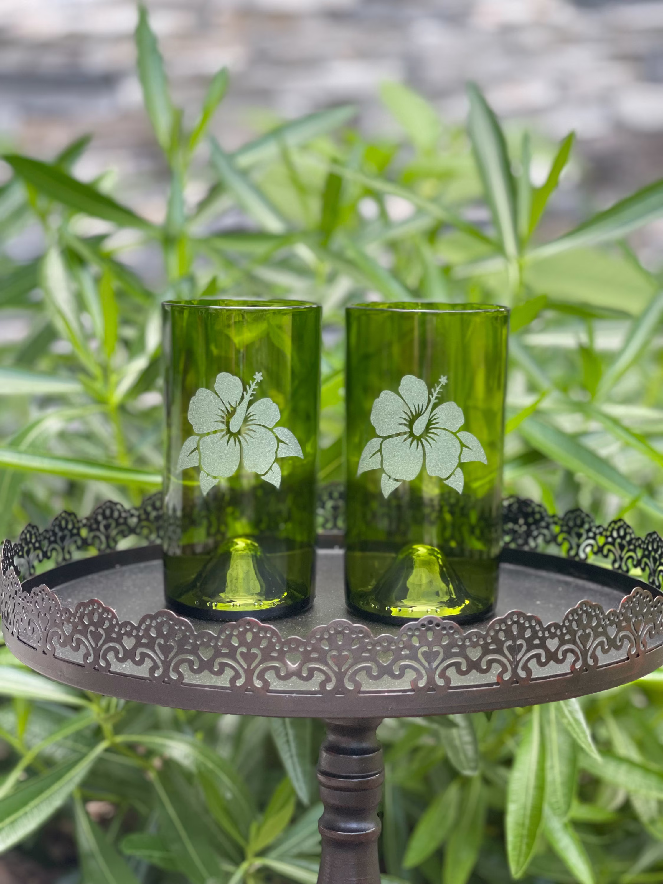 Hibiscus Recycled Wine Bottle Glasses | Fire Glazed Edge | Pair Of Glasses Upcycled | Eco Gift