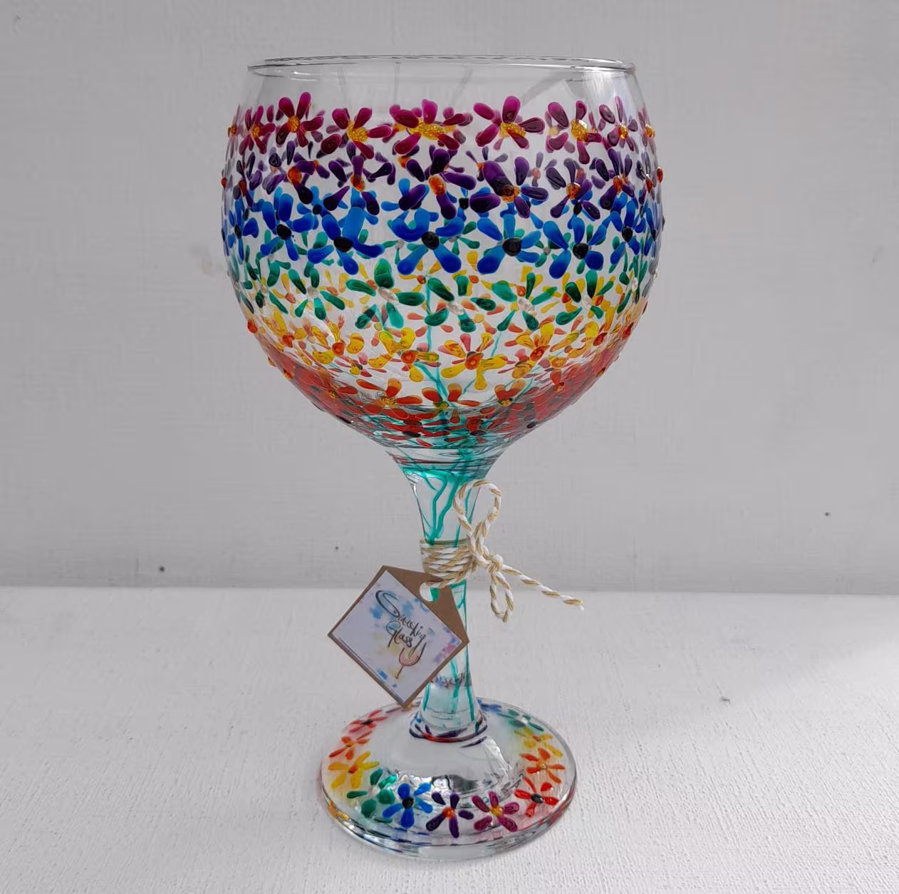 Rainbow Flowers Hand Painted Gin Glass | Can Personalise Unique, Perfect Gift Painted To Order For Her Him
