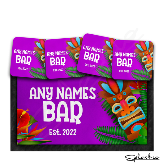 Personalised Bar Runner Mat, Tiki Custom Beer Mats & 4 X Drinks Coasters Gift Set Garden Sets/Home