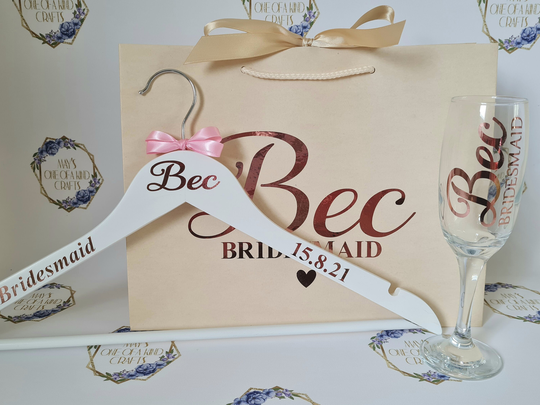 Bridesmaid Gift Set, Personalised Bag, Dress Hanger, Champagne Glass. Bridal Party, Bride, Bridesmaid, Maid Of Honour, Groomsmen