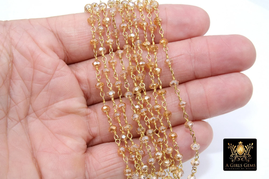 Smoky Beige Ab Rosary Chain, 4 Mm Gold Wire Wrapped Beaded Crystal Rs #96, By The Foot, Champagne Glass Religious Boho Jewelry Chains