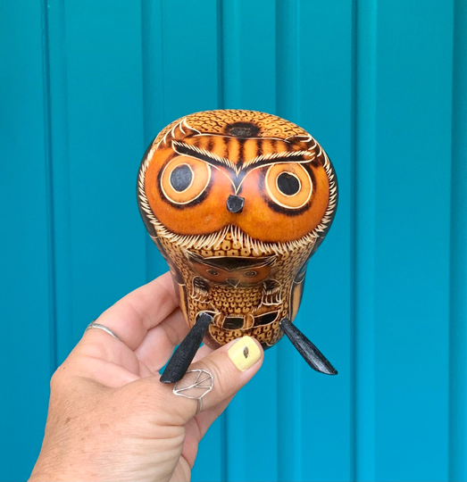 Free Shipping-Vintage Peruvian Burned & Carved Owl On Gourd Figurine-Owl Rattle-Folk Art Owl-Owl & Owlet Art-Bohemian-Nature