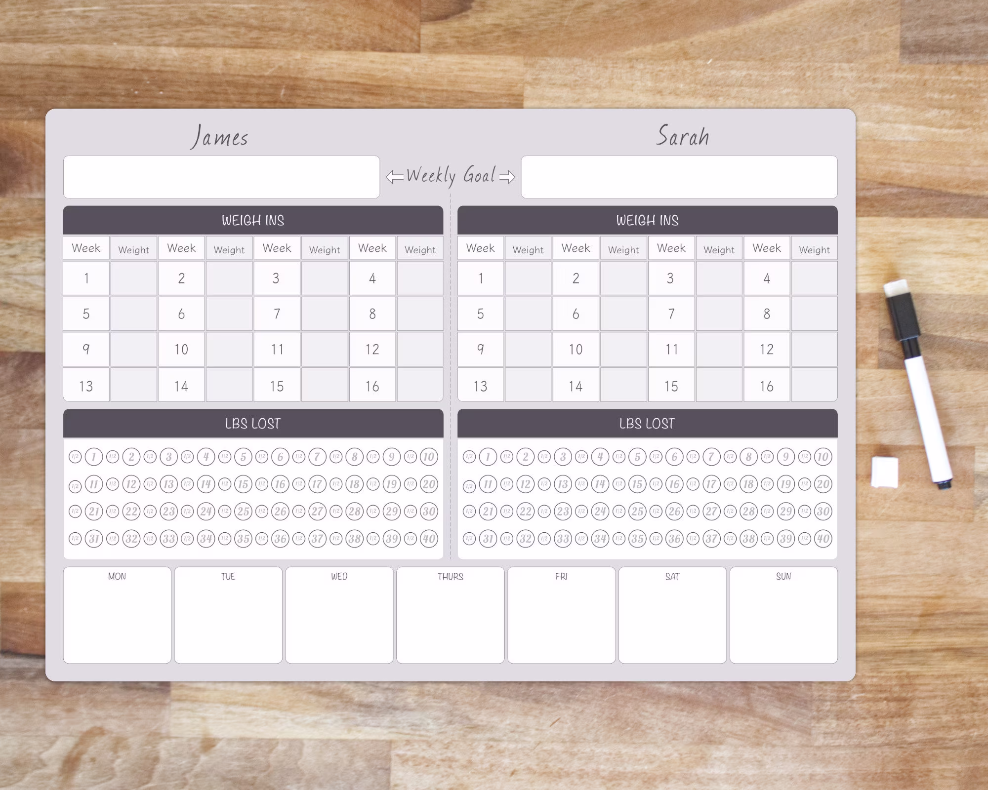 Personalised A3 Couples Weight Loss Tracker - Menu Planner Diet Slimming World Watchers Loss Diary