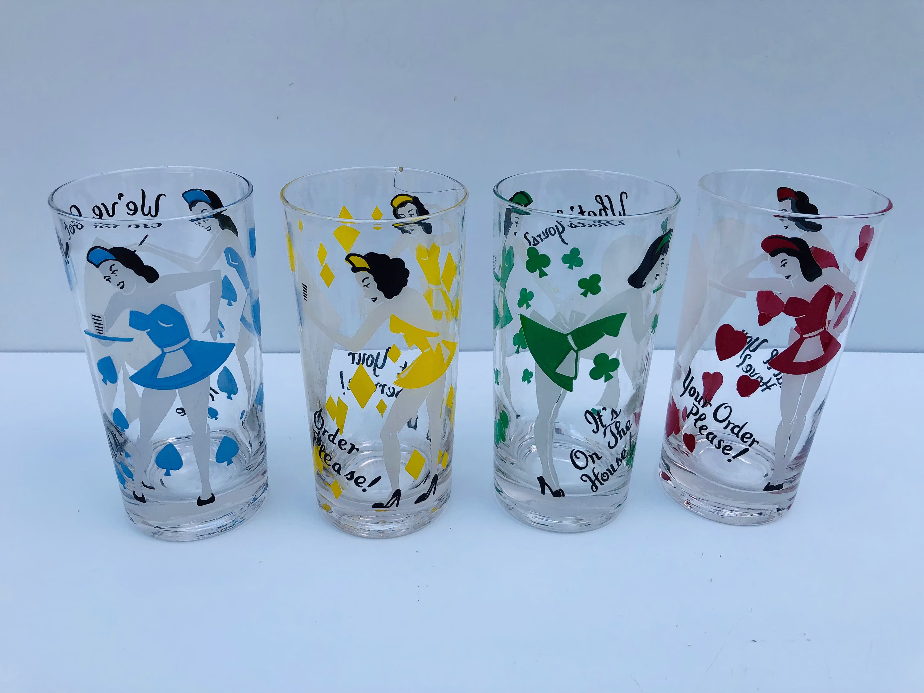 Vintage, Cocktail, Card Suit Waitress, Highball, Beverage Tumblers, Rare, Set Of 4, Vintage Bar, Collectible Bar Glasses, Casino Glasses