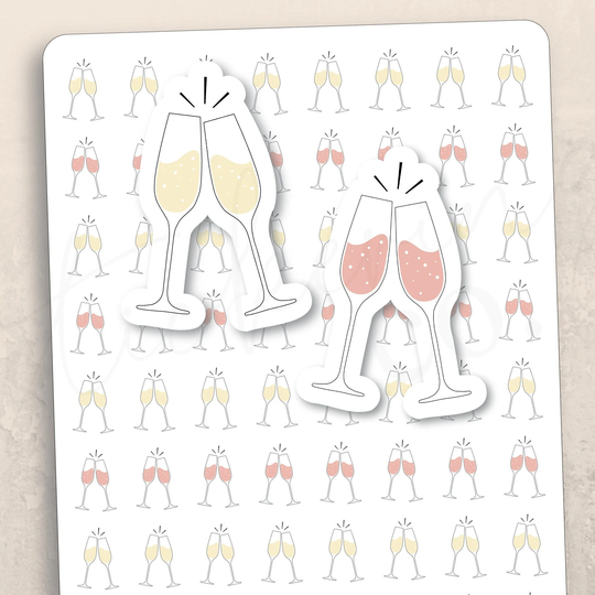 Champagne Glasses Functional Planner Stickers, 64 Stickers | 5x7 Sheet, Erin Condren, Happy Planner, Rosé, Celebrate, Cheers, Toast, Bubbly