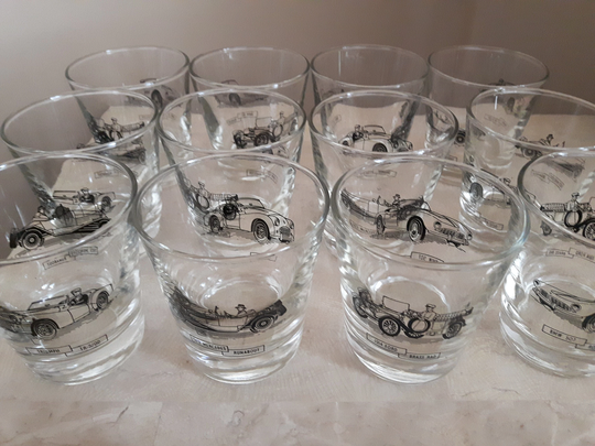 Vintage Old Fashioned Glasses With Antique Car Graphics, Set Of 12 Heavy Bar Glasses, Mid Century Low Ball Tumblers, Dominion Glass