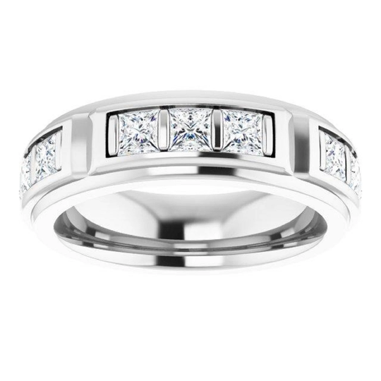 2.70 Ctw Bar Set Princess Diamond Men's Ring - 14K/18K White, Yellow, Rose Gold & Platinum 950, Natural Diamonds Band
