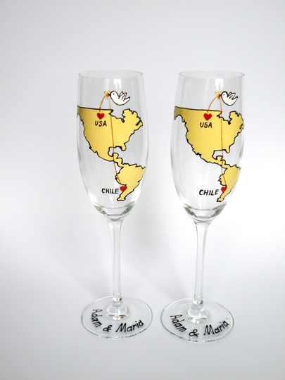 Wedding Toasting Flutes Set Of 2 Personalized Champagne Glasses Love From Different Places United States To Chile