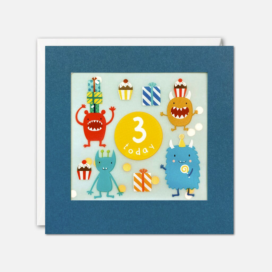 Age 3 Monsters Birthday Card With Paper Confetti - Shakies By James Ellis