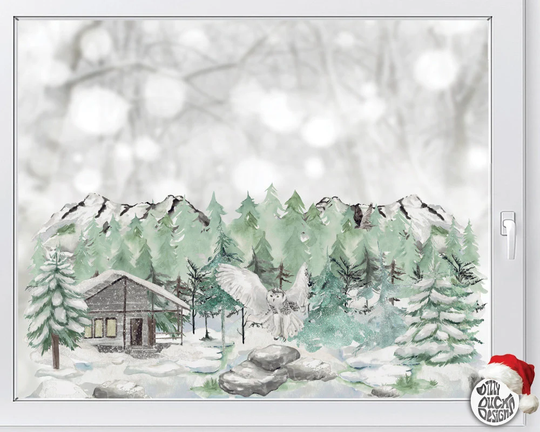 Winter Forest Scene Owl Window Decal - Nordic Watercolour Classy Christmas Décor By Dizzy Duck Seasonal Reusable Cling Stickers