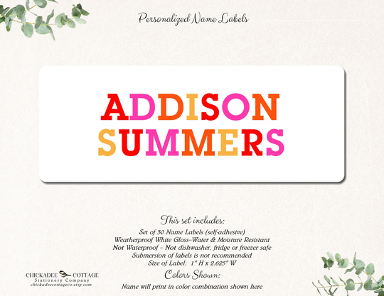 School Supply Labels, Name Stickers, Labels For Girls, Book Personalized Custom Summer Sunset