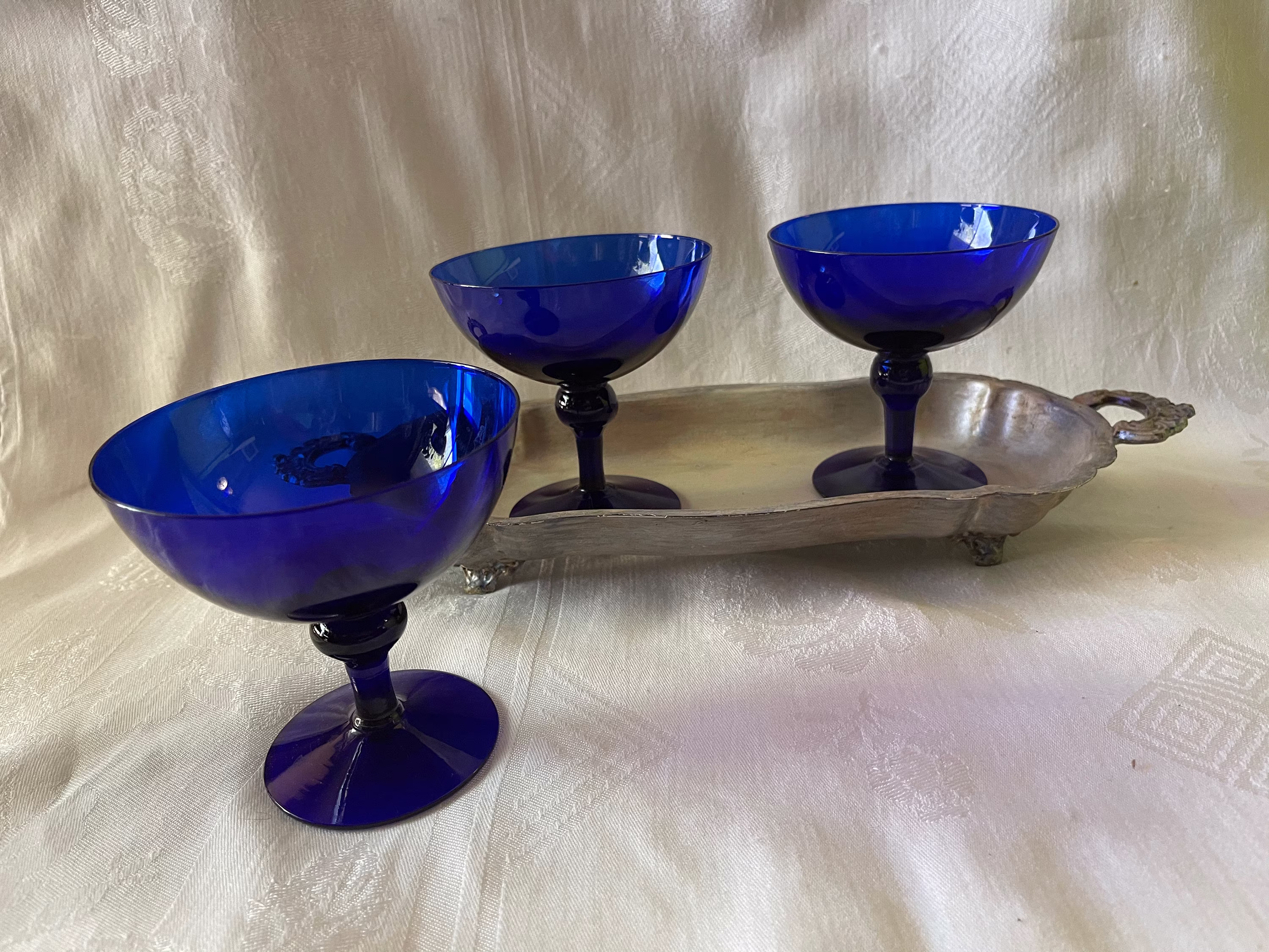 Mid Century Modern Barware Champagne Coupes/Martini in Cobalt Blue Lead Crystal Glass 3Pc Set