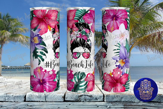 Beach Life Skinny Stainless Steel Tumbler Personalized. Messy Bun Mom's Life. Ice Cube Topper Optional
