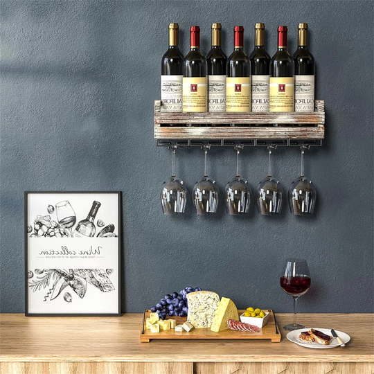 Matas 6 Bottle Wall Mounted Wine Bottle and Glass Rack in Rustic