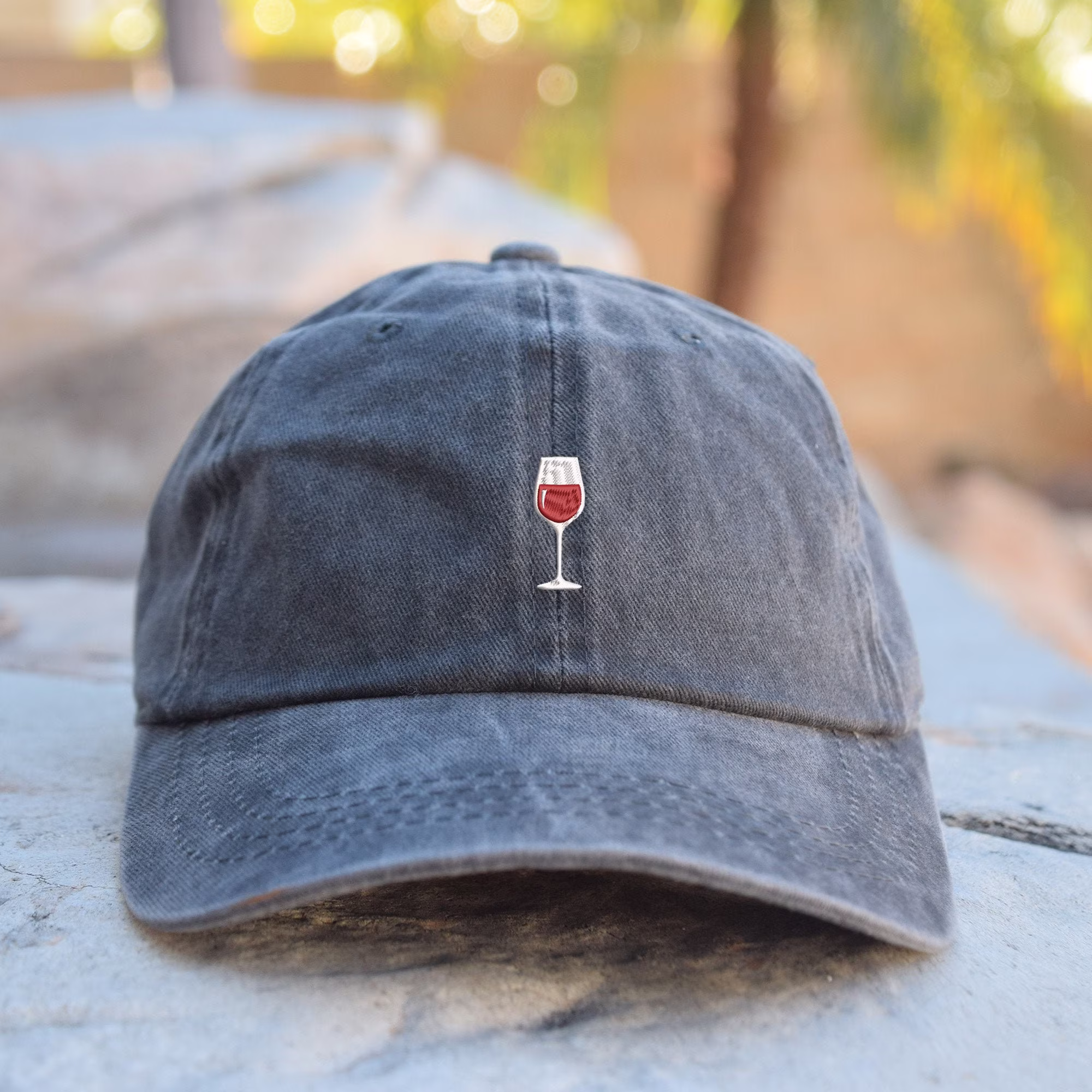 Red Wine Glass Embroidered 6 Panel Cotton Pigment Dyed Low Profile Baseball Dad Cap - Brand New I Love Wine Lover