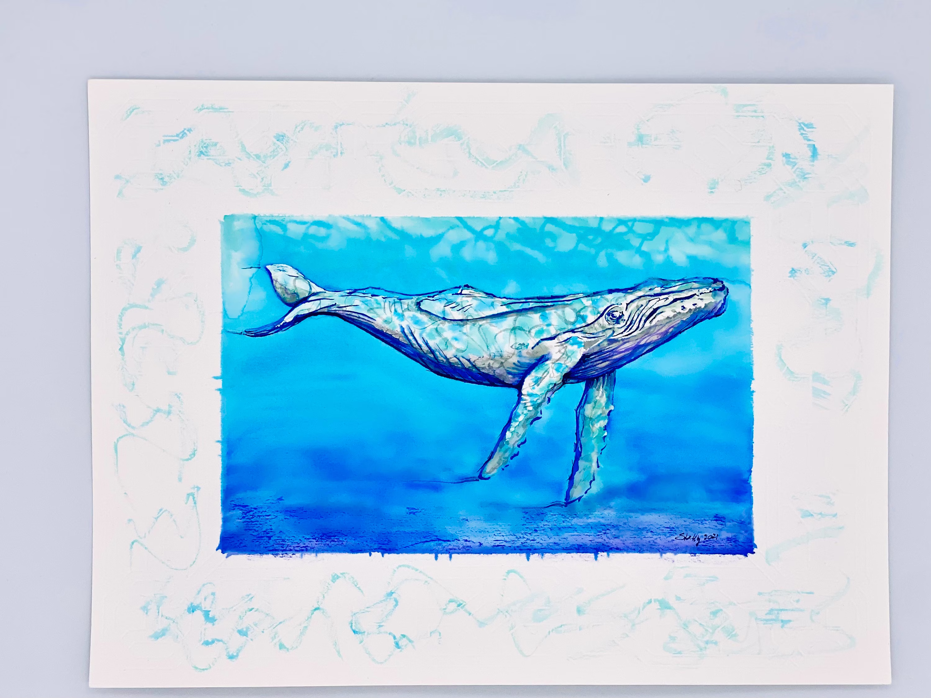 Humpback Whale Watercolor Original in Ocean Blue Colors On 140 lb Cold Pressed Paper Art Homemade Gifts
