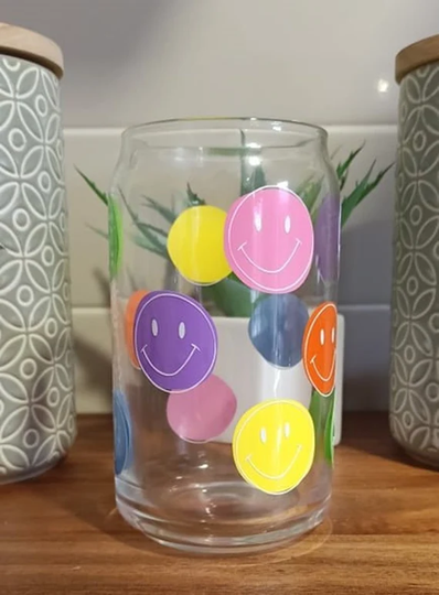 Glass Cup | Iced Coffee Tea Smoothie Smiley Cup 470Ml 16 Oz Smiles Colourful