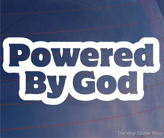 Car Sticker Powered By God Fun Cute Religion Novelty Van Window Bumper Boot Door Decal