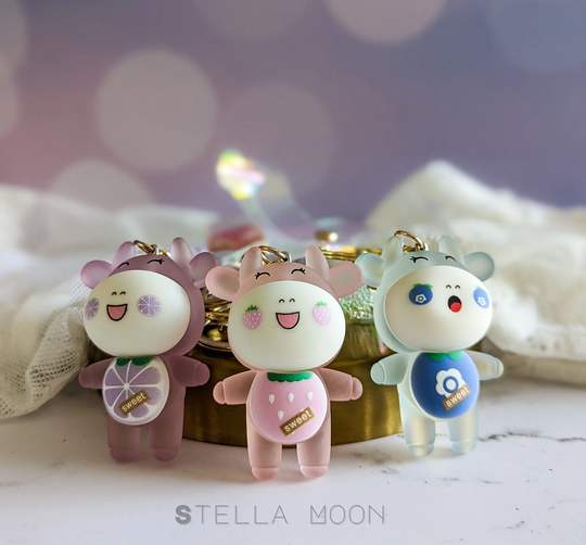 Cow Keychain, Light Up Key Accessory, Fruit Themed Moo Charms, Gold Ring, Flashing Holder, Strawberry Cow, Pink Calf, Animal
