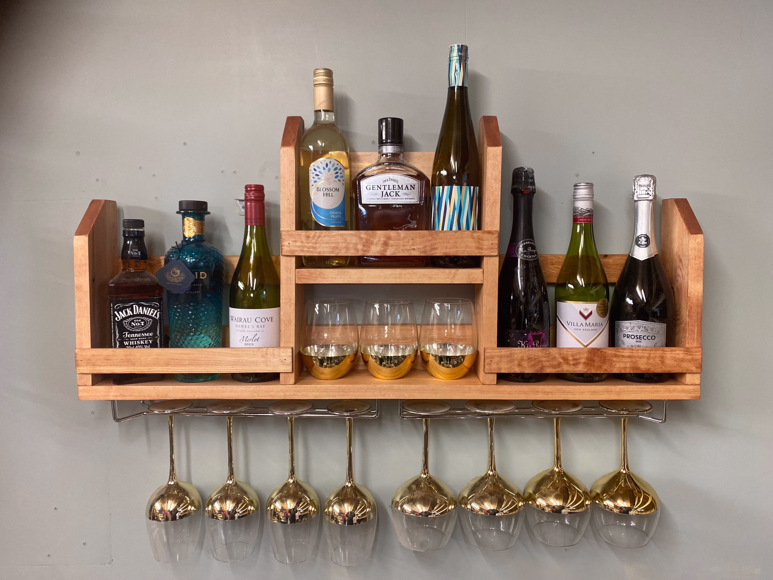 Wall Mounted Triple Section Handcrafted Wine Rack Home Bar With 2 Chrome Sliding Glass Hanger