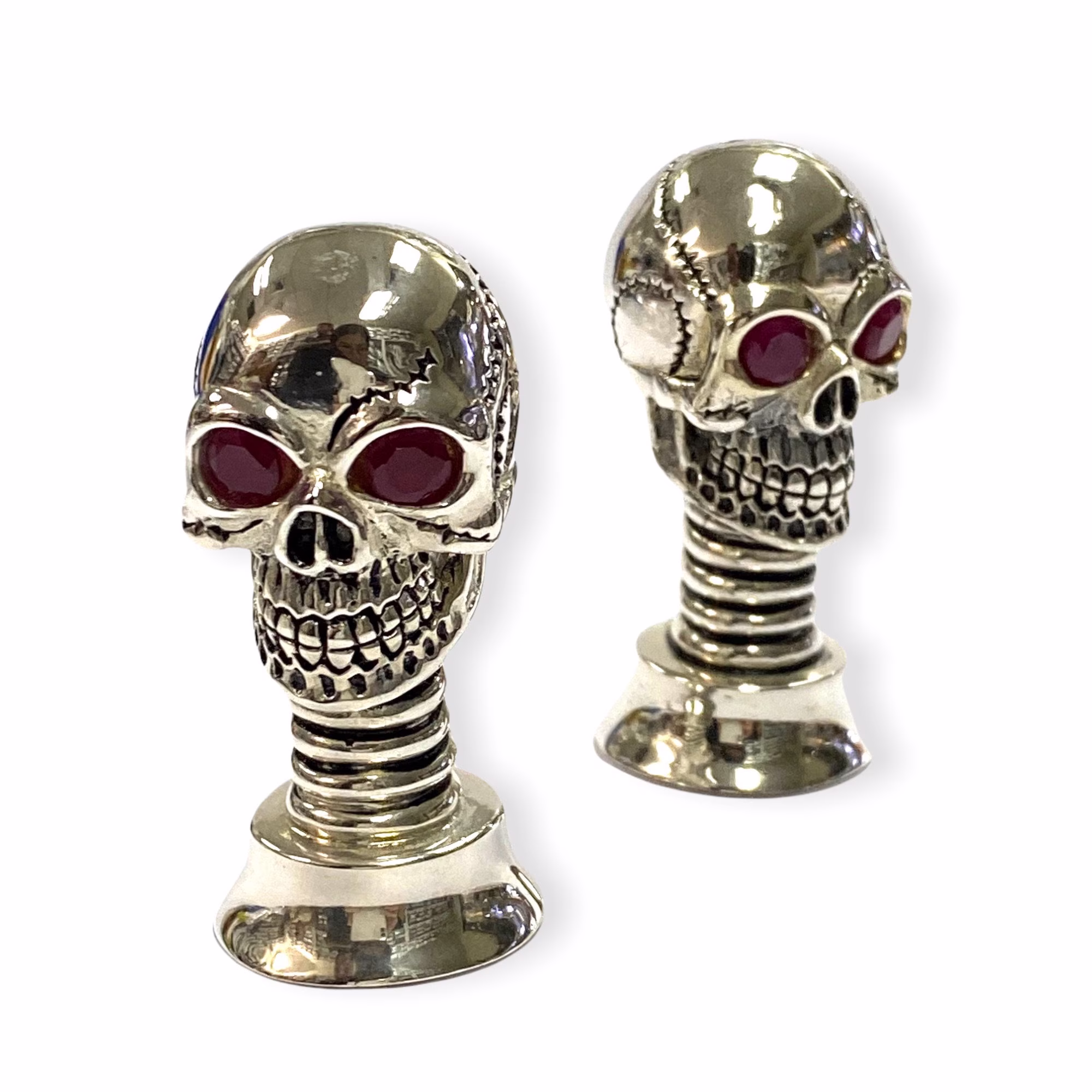Novelty Skull Pair With Ruby Stone Salt & Pepper Shaker Pots 925 Sterling Silver Plated