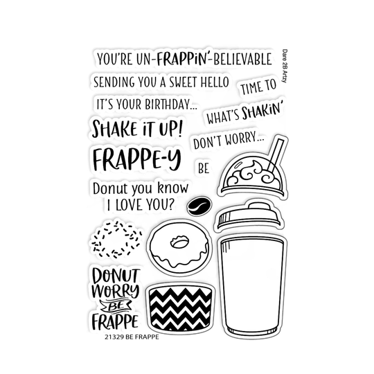 Coffee Cling Clear Stamp Set Be Frappe By Dare 2B Artzy Words Image Craft Stamps 21329 To Go, Iced, Mug, Words, Beans, Sentiments, Donut