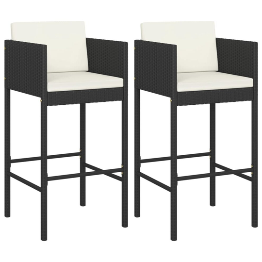 vidaXL 2x Bar Stools with Cushions Black Poly Rattan Seat Seating Furniture