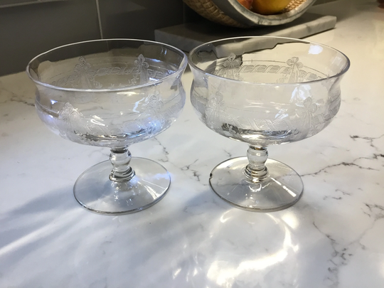Vintage Etched Crystal Low Champagne Coupes Or Sorbet Dishes - Set Of 2
