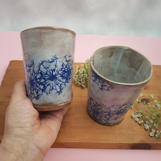 Blue Ceramic Floral Cup , Rustic Pottery , Stemless Wine , Handmade Tumbler , Made To Order