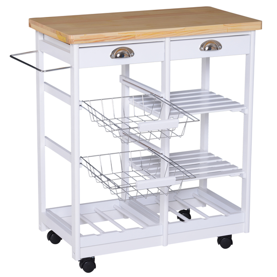 HOMCOM Rolling Kitchen Island Trolley Cart Drawer Shelves Basket Wheels W/ 6 Bottle Wine Rack White | Aosom Ireland