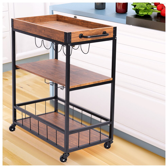 Industrial Serving Drinks Trolley Cart Wooden Shelf Wine Racks 3 Tier