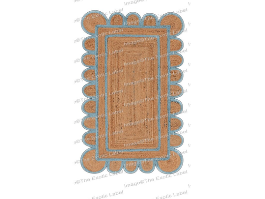 Light Blue Scallop Rug Runner, Jute Scalloped Rug, Area Edge Rugs, Border Rugs Jute