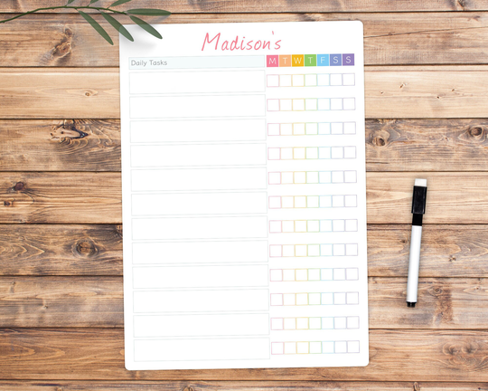 Personalised Rainbow Chore Chart Whiteboard, Children's Daily Responsibilities Chart, Custom Reward Dry Erase Board