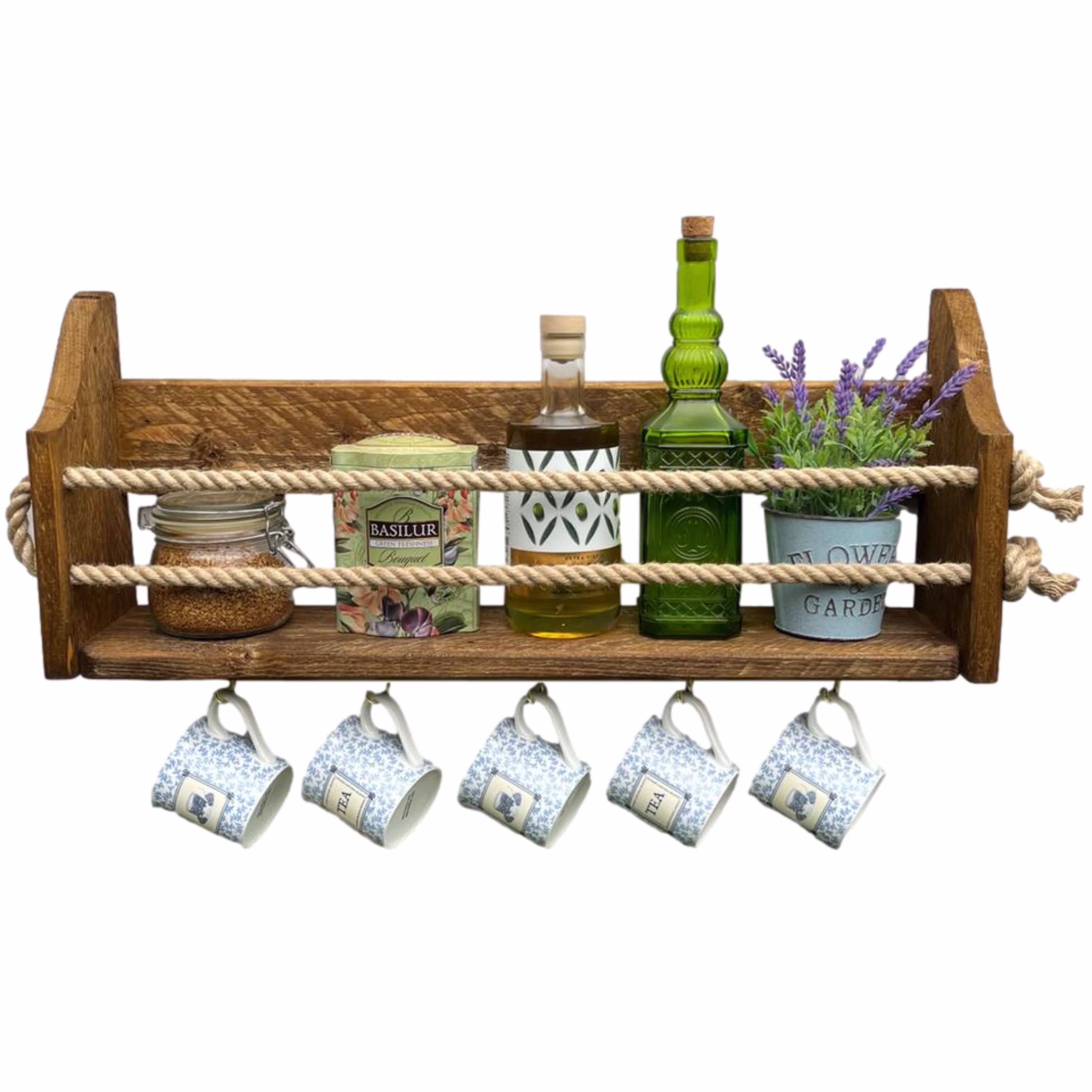 Wall Mounted Rope Fronted Shelf With Hooks For Mugs. Perfect To Hold Your Favourite Tipple, Glasses, Mugs Or Condiments